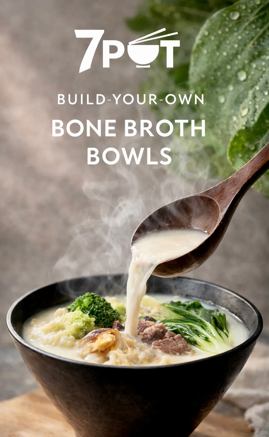 Steaming bone broth with meat and vegetables at 7 POT, a Modern Asian Fast-Casual Restaurant in Covina